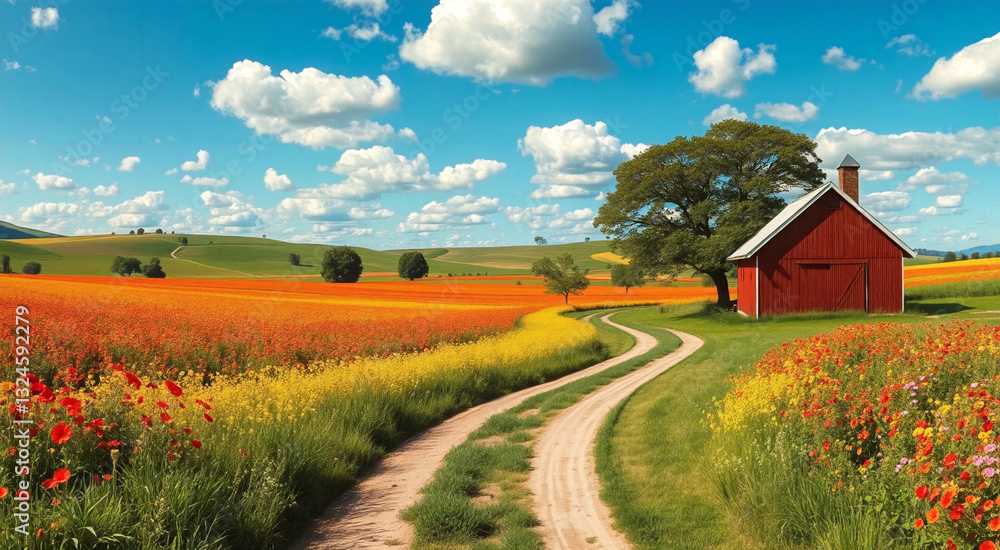 Charming rustic red barn stands beside a winding country path amidst vibrant wildflower fields. The picturesque scene captures the essence of rural tranquility under a bright blue sky. Charming rustic red barn stands beside a winding country path amidst vibrant wildflower fields. The picturesque scene captures the essence of rural tranquility under a bright blue sky.