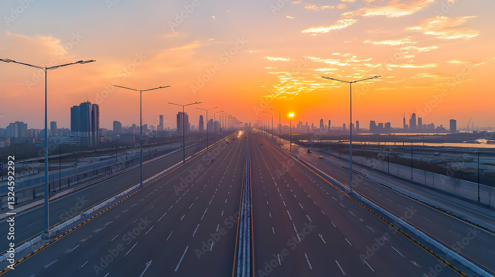 Fototapeta premium Aerial View Of Empty Highway Leading Into City Under Vibrant Orange Sunset Sky