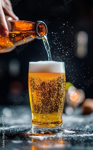 Pouring Golden Lager Into a Glass With Bubbles Amidst a Dark Background