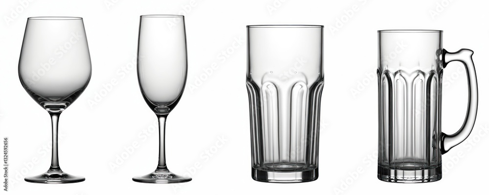Set of empty transparent glasses isolated on white. Wine glass, champagne flute, drinking glass, beer mug. Crystal stemware for alcohol, party, celebration. Clean bar glassware set. Collection for Set of empty transparent glasses isolated on white. Wine glass, champagne flute, drinking glass, beer mug. Crystal stemware for alcohol, party, celebration. Clean bar glassware set. Collection for