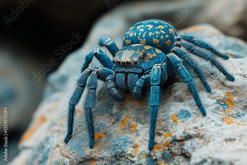 Vibrant Blue Spider Perched on a Rocky Surface in a Natural Habitat During Da...