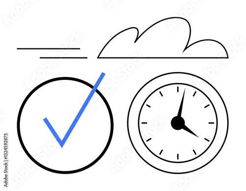 Clock displaying time, blue checkmark inside a circle, and cloud lineart above. Ideal for productivity, efficiency, planning, organization, deadlines focus goal-setting. Flat simple metaphor