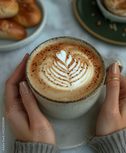 Warm Coffee Mug Cradled by Hands in Cozy Setting With Baked Goods in Background