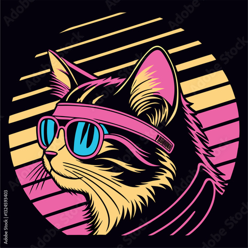 Retro 80s Cat T-Shirt Design - Cool and Funky Feline with Sunglasses and Headband in a Vibrant Neon Style, Perfect for Vintage Fashion and Cat Lovers with a Sense of Humor