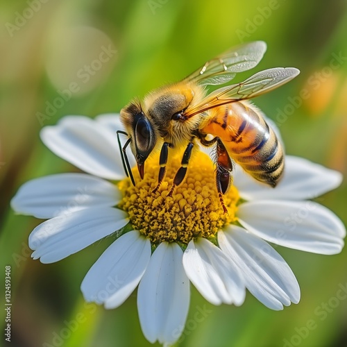 Bee Pollinates Daisy Flower in Bright Green Field During Sunny Day