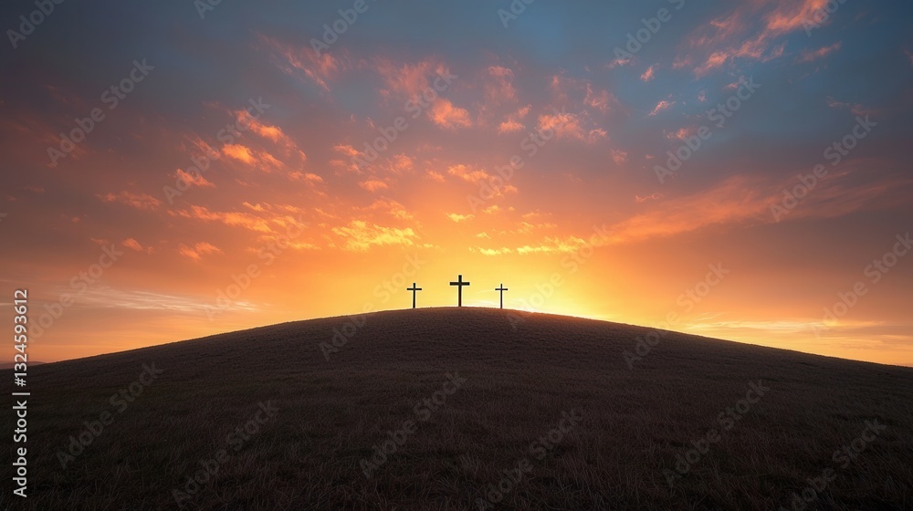 Obraz premium A serene landscape with three dark silhouetted crosses standing atop a hill framed by a stunning fiery sunset sky with dramatic cloud formations creating a powerful and inspiring spiritual scene