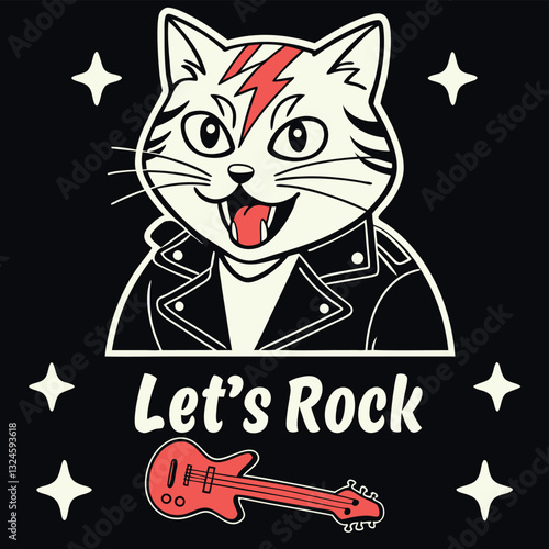 "Let's Rock" Cat T-Shirt Design - Funny Rock and Roll Feline Graphic with Leather Jacket and Guitar for Music Loving Cat Owners and Cool Pet Apparel with Attitude