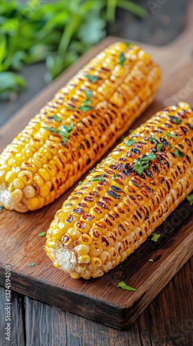 Grilled Corn on the Cob Served on a Wooden Board With Fresh Herbs and Spices