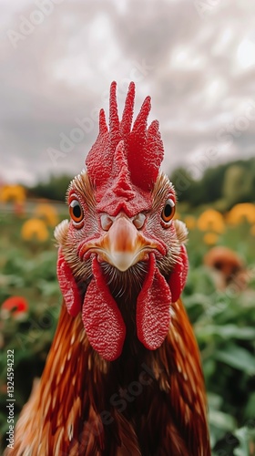Colorful Rooster Poses Among Vibrant Yellow Flowers in a Lush Garden Setting