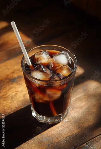 Enjoying a Refreshing Iced Beverage in Warm Sunlight on a Wooden Table