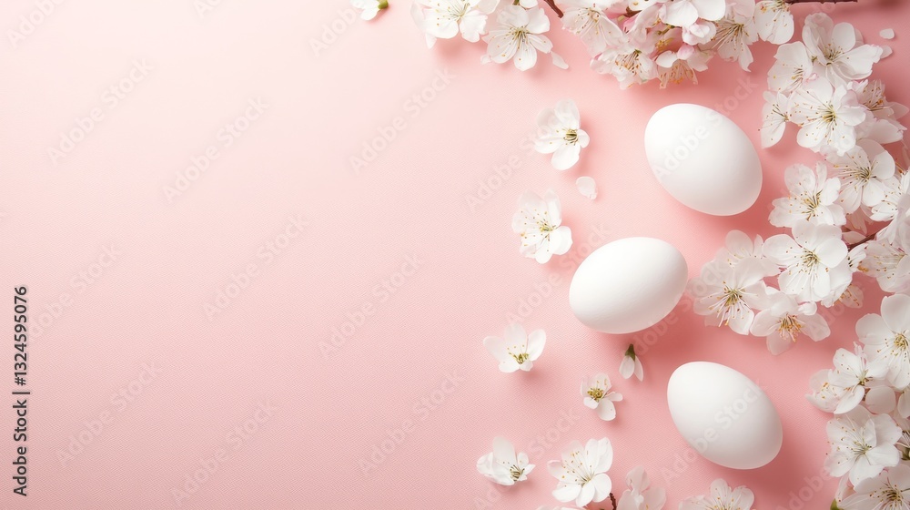 White chicken eggs arranged in a creative pattern on pastel pink background White chicken eggs arranged in a creative pattern on pastel pink background