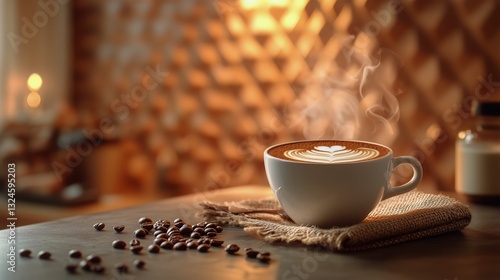 Warm Cup of Coffee With Intricate Latte Art in a Cozy Setting