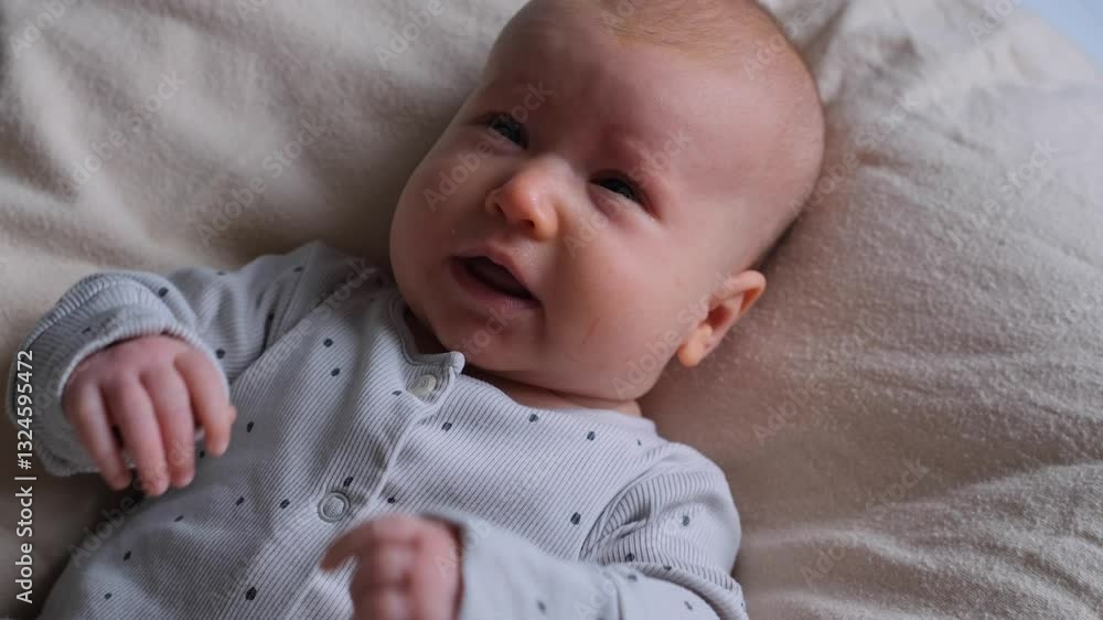 Baby sneezing while lying in a crib at home bedroom. Toddler enjoys positive childhood moments of babyhood and happiness. Baby sneezing while lying in a crib at home bedroom. Toddler enjoys positive childhood moments of babyhood and happiness.
