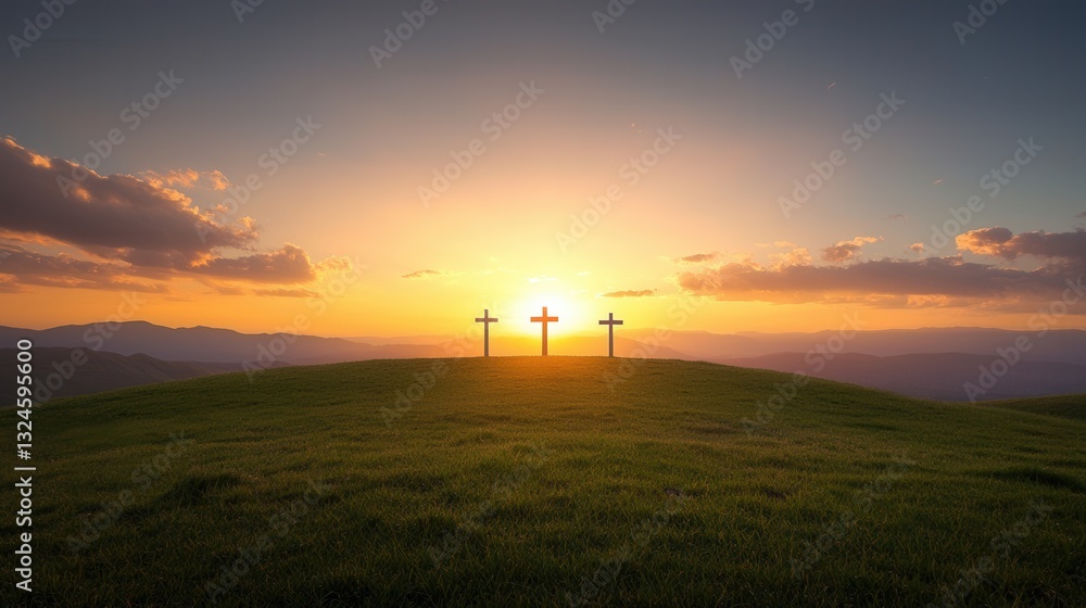 Obraz premium Three silhouetted crosses stand solemnly on a grassy hill casting long shadows against the vibrant orange and purple sky of a serene sunset landscape
