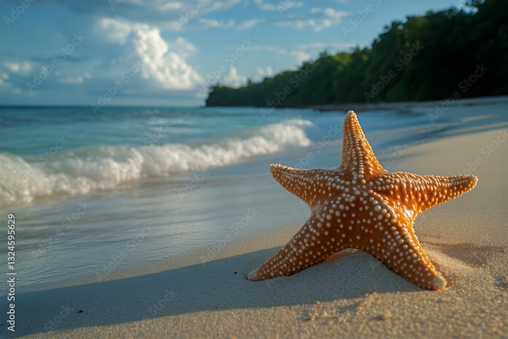 Starfish Resting on Sandy Beach Shore Near Calm Ocean Waves During Sunset Starfish Resting on Sandy Beach Shore Near Calm Ocean Waves During Sunset