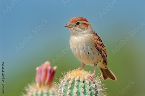 Bird Sitting on Cactus While Sunlight Highlights Its Feathers in a Desert Set...