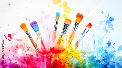 Art and wine night banner featuring paintbrushes, wine glasses, and vibrant splashes of color, designed to promote summer sip and paint events, creative workshops, art and wine experiences.