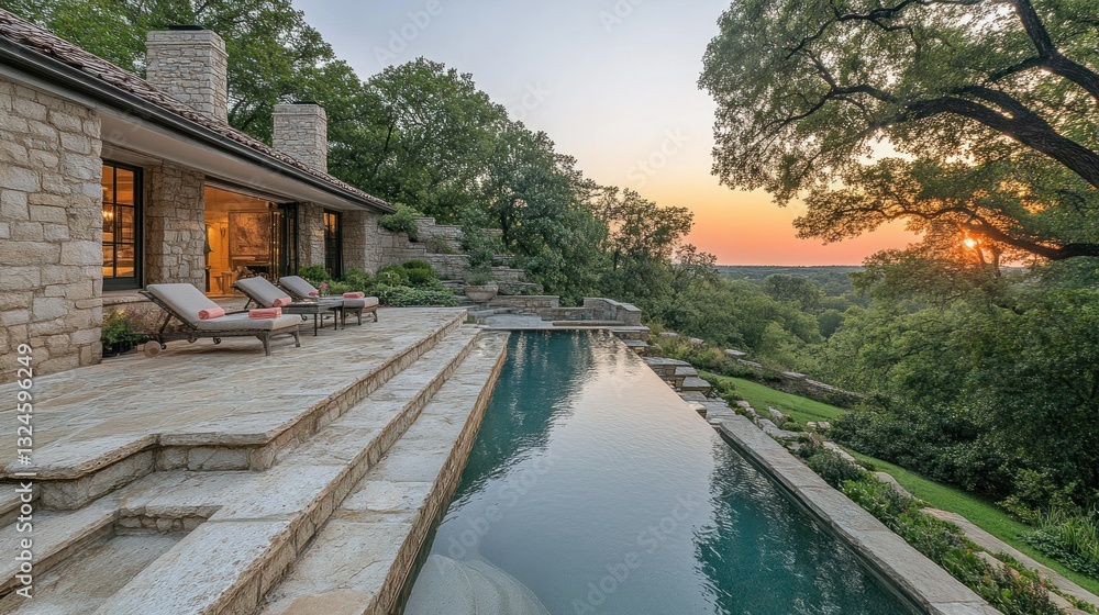 Sunset view from luxury hillside pool and patio Sunset view from luxury hillside pool and patio