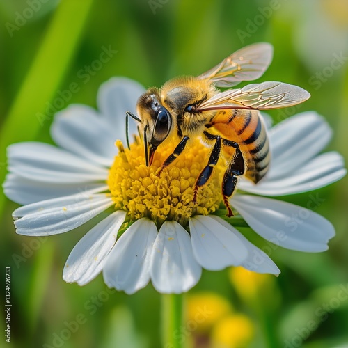 Bee Pollinates Daisy Flower in Bright Green Field During Sunny Day