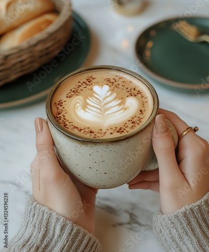 Warm Coffee Mug Cradled by Hands in Cozy Setting With Baked Goods in Background