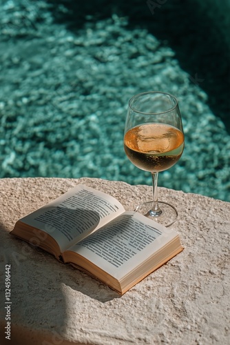 Enjoying a Glass of Wine and Reading by a Sparkling Blue Pool on a Sunny Day
