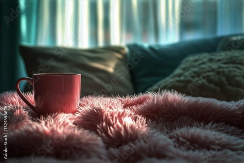 Cozy Cup of Tea Resting on a Fluffy Blanket in a Sunlit Living Room With Soft...