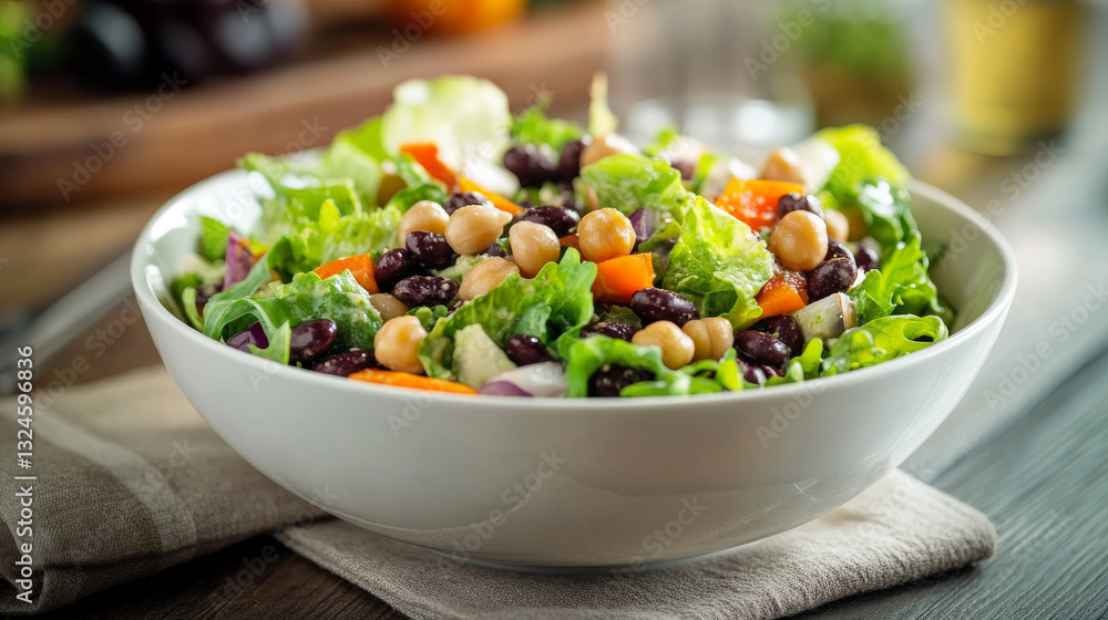 A fresh and hearty bowl of homemade chickpea and black bean salad, captured from a close-up, low-angle perspective A fresh and hearty bowl of homemade chickpea and black bean salad, captured from a close-up, low-angle perspective