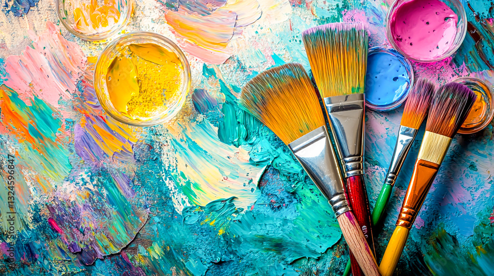 Fototapeta premium Art and wine night banner featuring paintbrushes, wine glasses, and vibrant splashes of color, designed to promote summer sip and paint events, creative workshops, art and wine experiences.