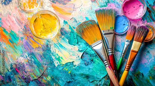 Art and wine night banner featuring paintbrushes, wine glasses, and vibrant splashes of color, designed to promote summer sip and paint events, creative workshops, art and wine experiences.