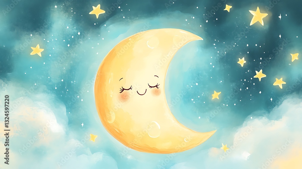 Fototapeta premium A smiling crescent moon and stars illustrated in a night sky