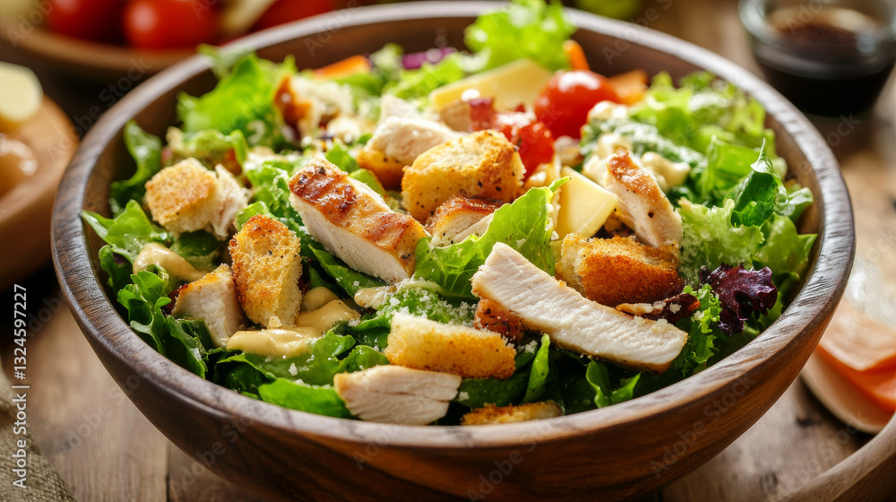 A hearty salad bowl combining crisp lettuce, juicy chicken, cheese, and crunchy croutons, served on a rustic restaurant table A hearty salad bowl combining crisp lettuce, juicy chicken, cheese, and crunchy croutons, served on a rustic restaurant table