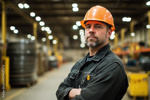 Confident Worker in Safety Gear Stands in a Well-Lit Industrial Facility