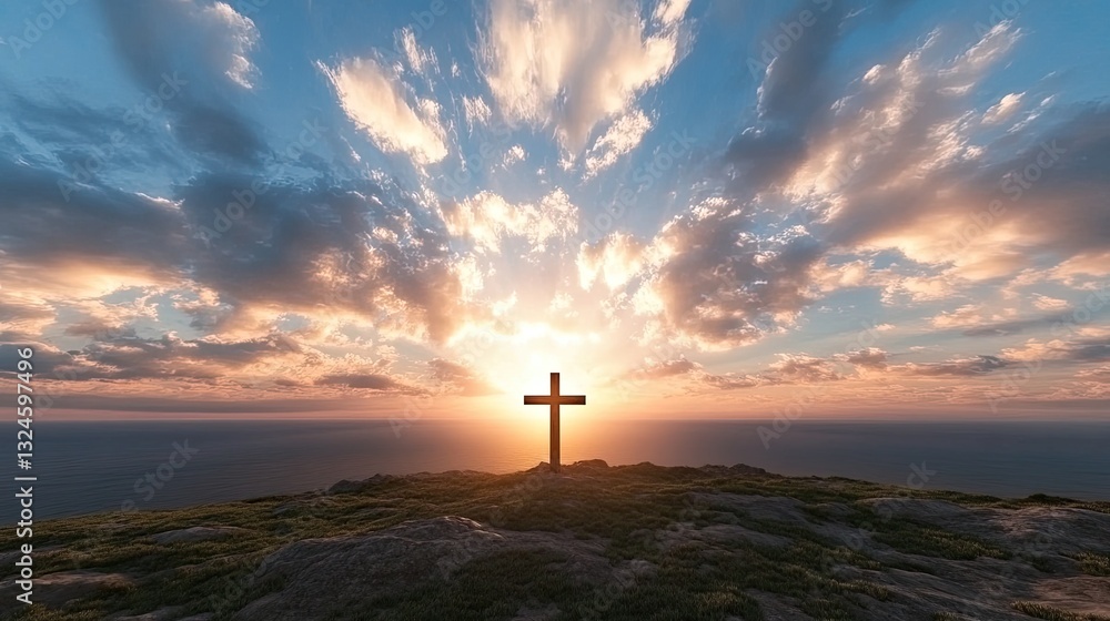 A cross silhouette rises against a radiant sky filled with clouds, embodying the hope of resurrection on Easter morning A cross silhouette rises against a radiant sky filled with clouds, embodying the hope of resurrection on Easter morning