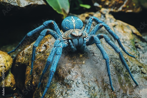 Vibrant Blue Spider Perched on a Rocky Surface in a Natural Habitat During Da...