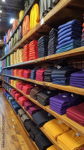 Colorful Apparel Displayed on Wooden Shelves in a Retail Store