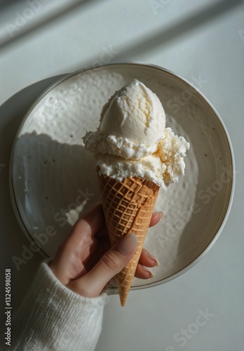 Enjoying a Delicious Ice Cream Cone at Home With a Soft and Fluffy Scoop on a...
