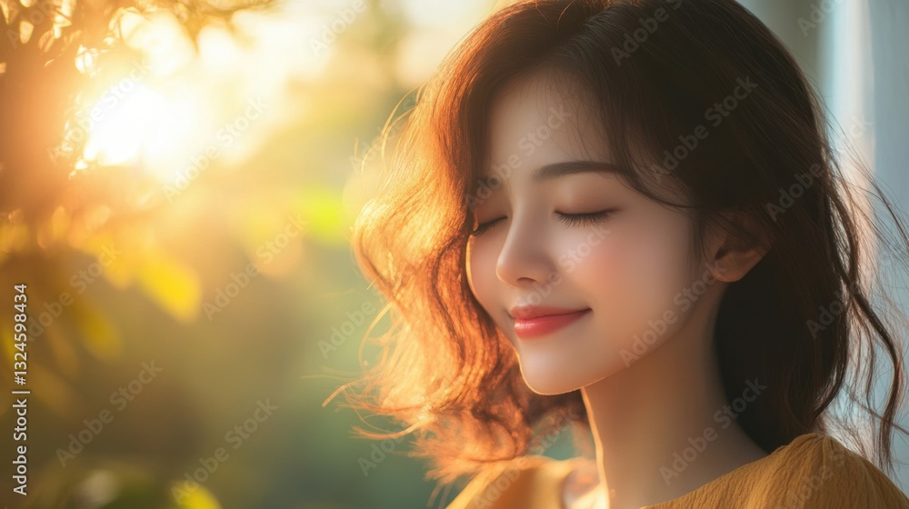 Fototapeta premium Serene Young Woman in Golden Hour Sunlight