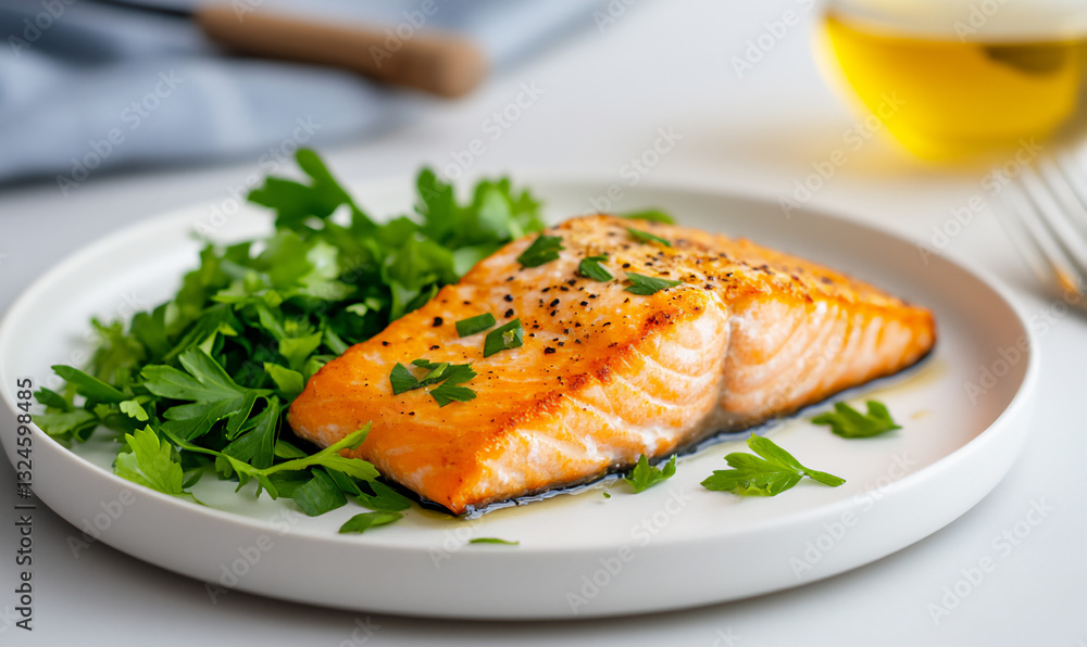 a white plate with a salmon fillet and green vegetables on it, top view, a white plate with a salmon fillet and green vegetables on it, top view,