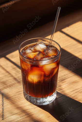 Enjoying a Refreshing Iced Beverage in Warm Sunlight on a Wooden Table