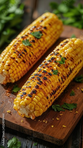 Grilled Corn on the Cob Served on a Wooden Board With Fresh Herbs and Spices