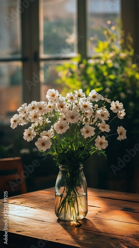 Fresh White Flowers in a Glass Vase on a Wooden Table in a Cozy Room