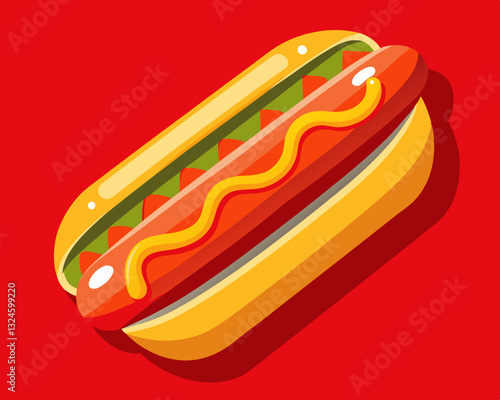 classic hot dog with mustard and ketchup, on a bright red background.