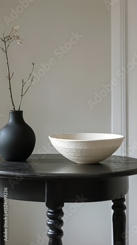 Minimalistic Interior With a White Bowl and Flowers on a Dark Table in Natura...