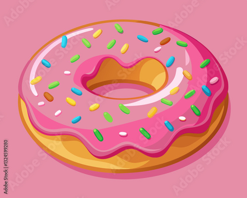 glazed donut with colorful sprinkles, on a pink background.