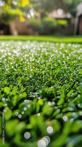 Morning Dew Glistens on Grass Blades in a Lush Garden Setting During Sunrise