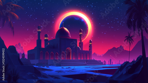 A mosque stands beneath an eclipsed moon, symbolizing Ramadan, Laylat al-Qadr, or another sacred Islamic occasion, with ample space for text placement photo