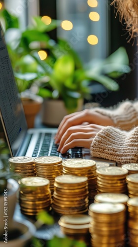Stacked Coins and Laptop on Table During Financial Analysis in a Modern Works...