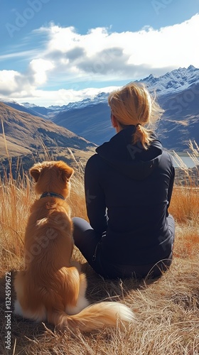 Woman and Dog Watching Sunset From a Hilltop in Peaceful Countryside