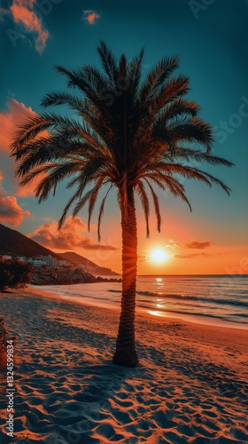 Sunset View Over Tranquil Beach With Silhouette of Palm Tree and Orange Sky