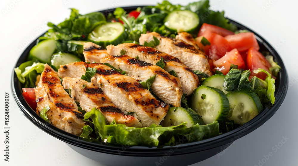 A nutritious grilled chicken salad featuring a mix of fresh greens like lettuce, arugula, and spinach, complemented by cucumbers and tomatoes--an ideal healthy lunch option A nutritious grilled chicken salad featuring a mix of fresh greens like lettuce, arugula, and spinach, complemented by cucumbers and tomatoes--an ideal healthy lunch option